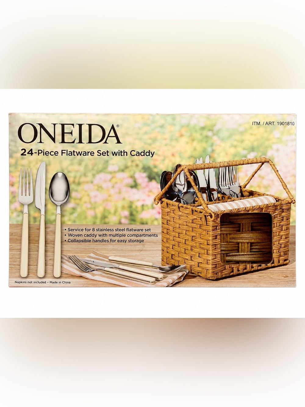 Oneida 24 Piece Flatware Set Service for 8 Woven Caddy Beige